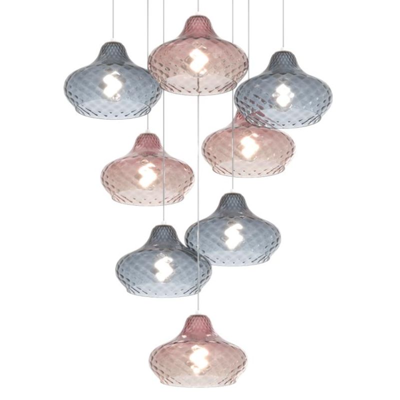 DRESS SOSPENSIONE ROTONDA 8 LUCI METALLO BIANCO CON DIFFUSORI IN VETRO COLORATO LAMPADINE ATTACCO E27 Top Light Illuminazione -