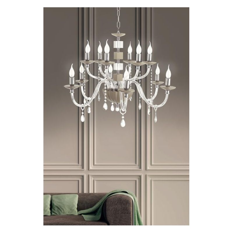 LIVIA LAMPADARIO A SOSPENSIONE CLASSICO IN VETRO E CRISTALLO 12 LUCI BIANCO,FUME,OTTANIO O TORTORA ONDALUCE CICIRIELLO - Cristal
