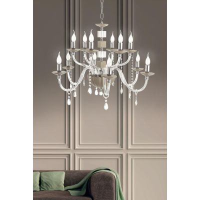 LIVIA LAMPADARIO A SOSPENSIONE CLASSICO IN VETRO E CRISTALLO 12 LUCI BIANCO,FUME,OTTANIO O TORTORA ONDALUCE CICIRIELLO - Cristal