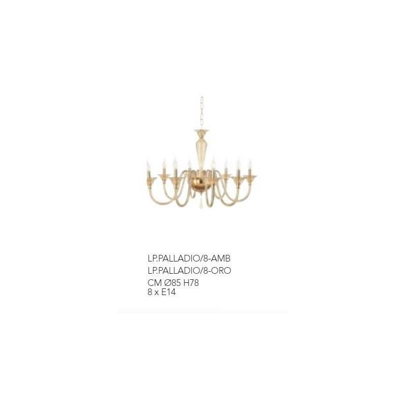 PALLADIO LAMPADARIO CLASSICO A 8 LUCI IN VETRO LAVORATO A MANO COLORE AMBRA DI ONDALUCE ONDALUCE CICIRIELLO - Cristalensi Shop O