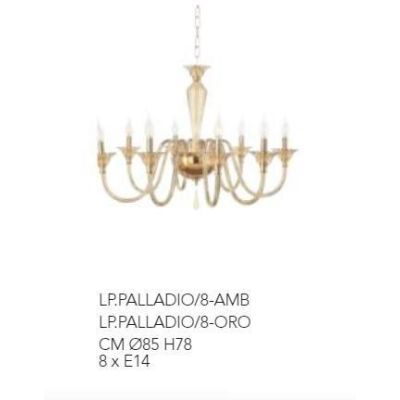 PALLADIO LAMPADARIO CLASSICO A 8 LUCI IN VETRO LAVORATO A MANO COLORE AMBRA DI ONDALUCE ONDALUCE CICIRIELLO - Cristalensi Shop O