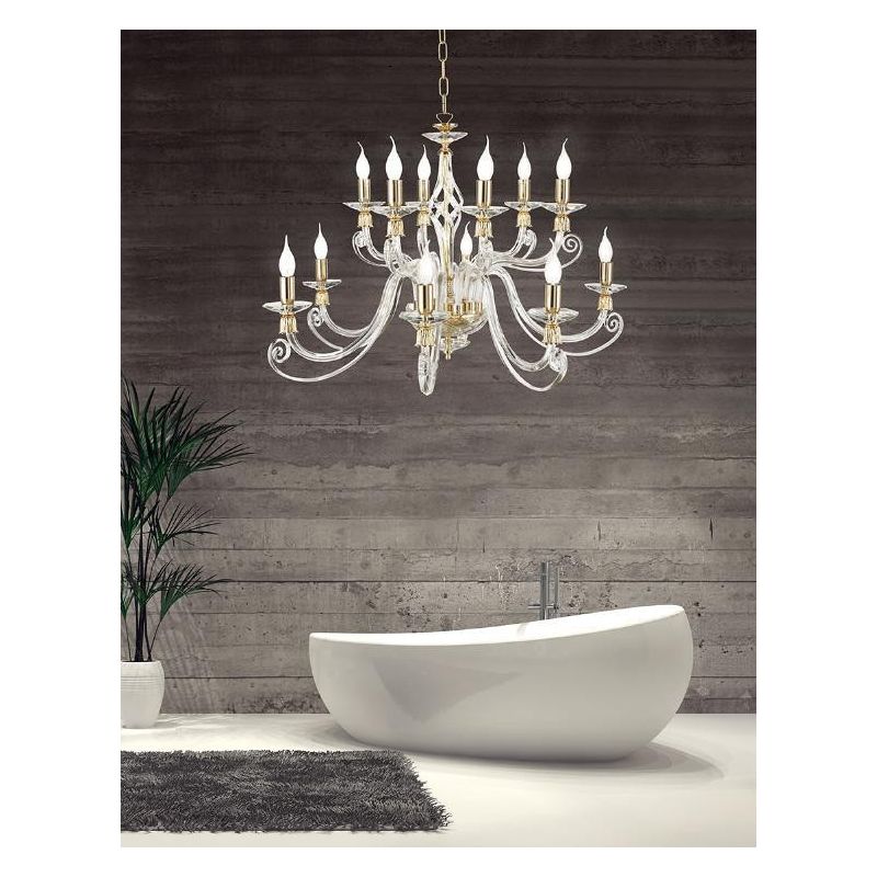 1306 LAMPADARIO CLASSICO 12 LUCI IN VETRO SOFFIATO E CRISTALLO 5 FINITURE COLORE DI ONDALUCE ONDALUCE CICIRIELLO - Cristalensi S