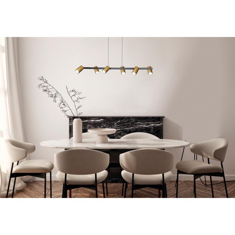 SAL SOSPENSIONE IN METALLO BIANCO, NERO O ORO CON 6 SPOT CILINDRO ORIENTABILI ATTACCO 6XGU10 Mantra - Cristalensi Shop Online