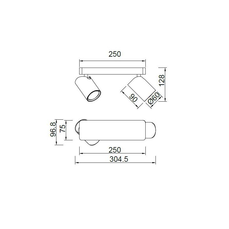 SAL FARETTO DA SOFFITTO O PARETE IN METALLO BIANCO, NERO O ORO CON 2 SPOT ORIENTABILI LAMPADINE GU10 Mantra - Cristalensi Shop O