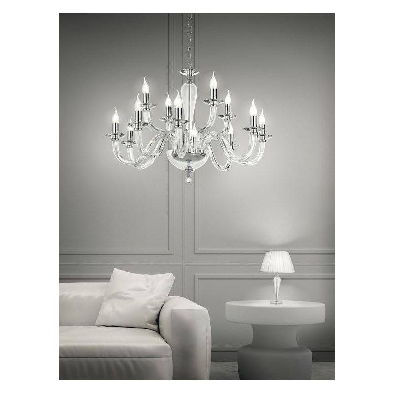 RAVEL LAMPADARIO A SOSPENSIONE CLASSICO IN VETRO E CRISTALLO A 12 LUCI IN 4 COLORI ONDALUCE ONDALUCE CICIRIELLO - Cristalensi Sh