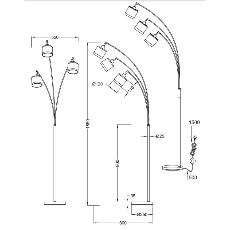 DAVOS PIANTANA AD ARCO 3 LUCI IN METALLO CROMO CON PARALUMI IN TESSUTO BIANCO CON BORDO GRIGIO MODERNA RL - Cristalensi Shop Onl