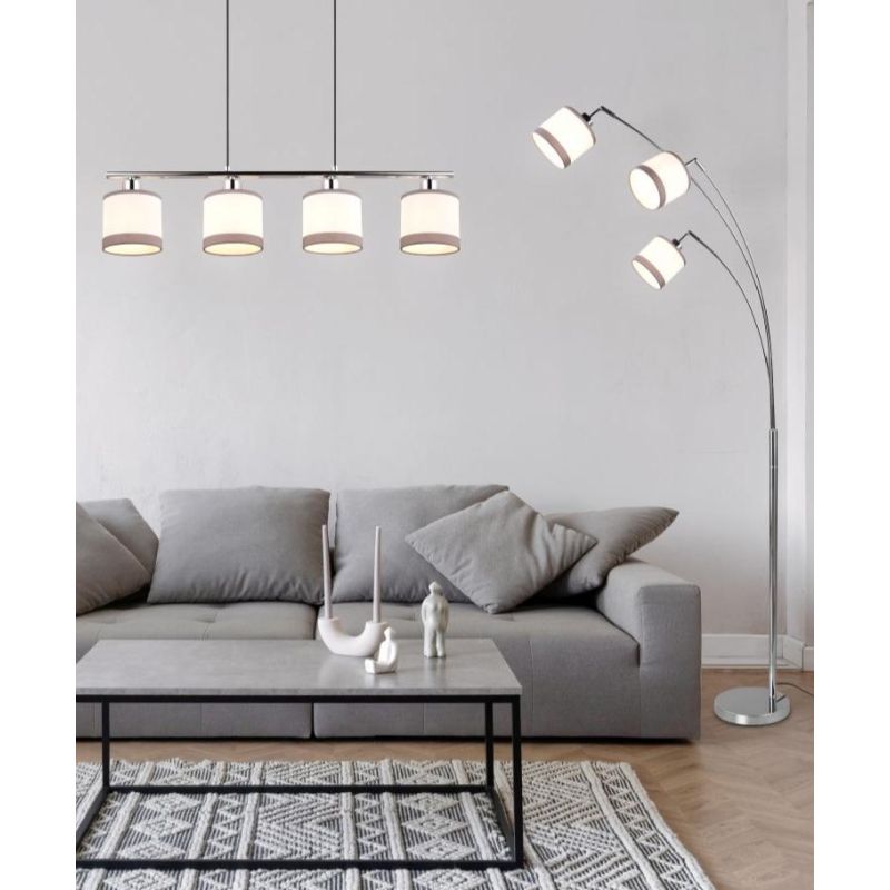 DAVOS PIANTANA AD ARCO 3 LUCI IN METALLO CROMO CON PARALUMI IN TESSUTO BIANCO CON BORDO GRIGIO MODERNA RL - Cristalensi Shop Onl
