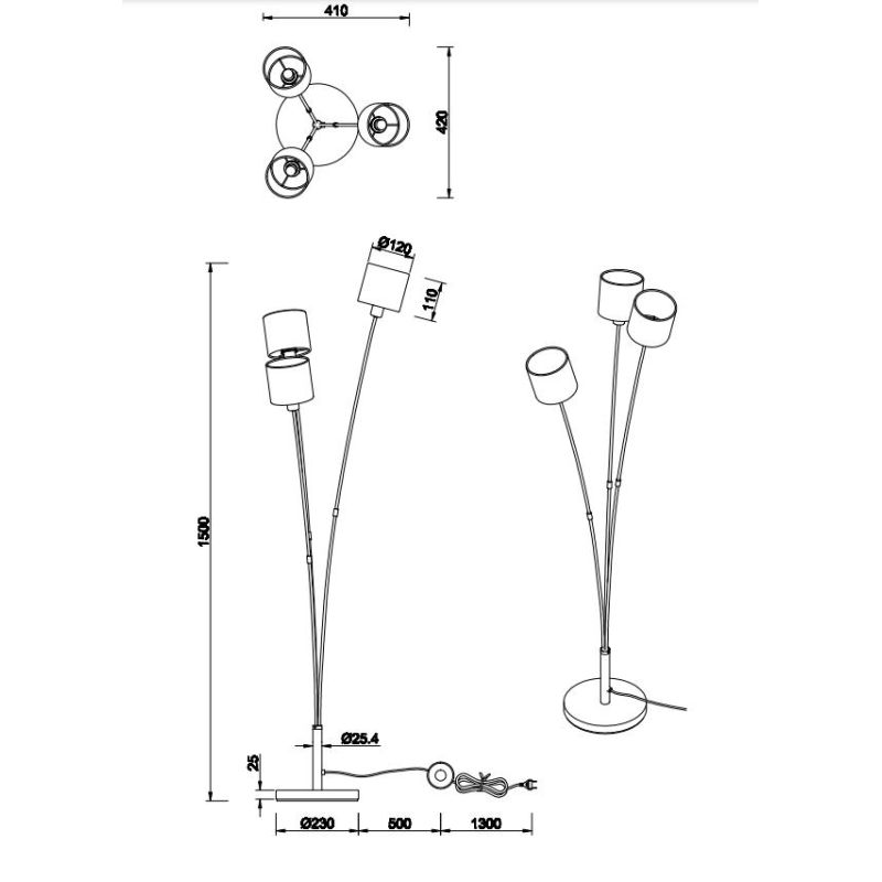 TOMMY PIANTANA 3 LUCI IN METALLO NERO O ACCIAIO SATINATO CON 3 PARALUMI IN TESSUTO MODERNA RL - Cristalensi Shop Online