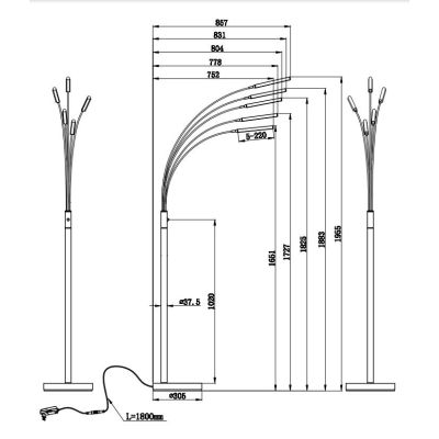 REED PIANTANA MODERNA AD ARCO CON LED 20W LUCE 3000K CON 5 BRACCI IN METALLO NERO O NICHEL ALTEZZA CM 195 RL - Cristalensi Shop 