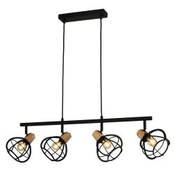 GINGER SOSPENSIONE 4 LUCI STILE VINTAGE IN METALLO NERO CON DETTAGLI IN LEGNO LAMPADINE ATTACCO E14 CRISTALENSI LIGHT - Cristale