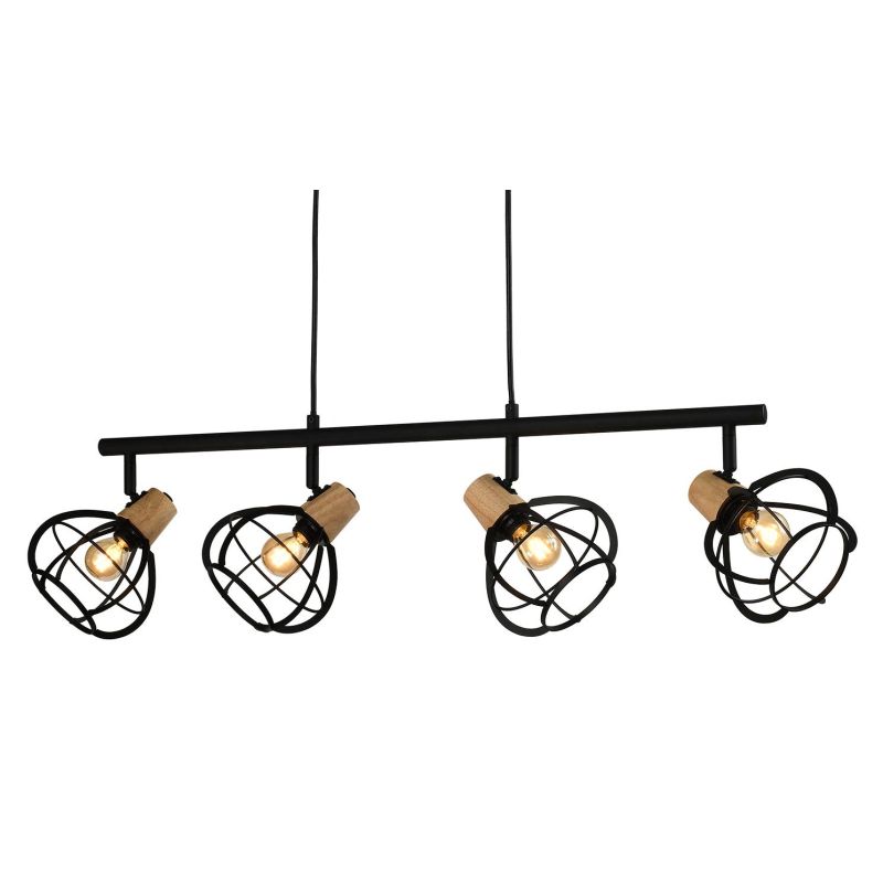 GINGER SOSPENSIONE 4 LUCI STILE VINTAGE IN METALLO NERO CON DETTAGLI IN LEGNO LAMPADINE ATTACCO E14 CRISTALENSI LIGHT - Cristale