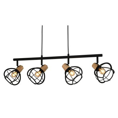 GINGER SOSPENSIONE 4 LUCI STILE VINTAGE IN METALLO NERO CON DETTAGLI IN LEGNO LAMPADINE ATTACCO E14 CRISTALENSI LIGHT - Cristale