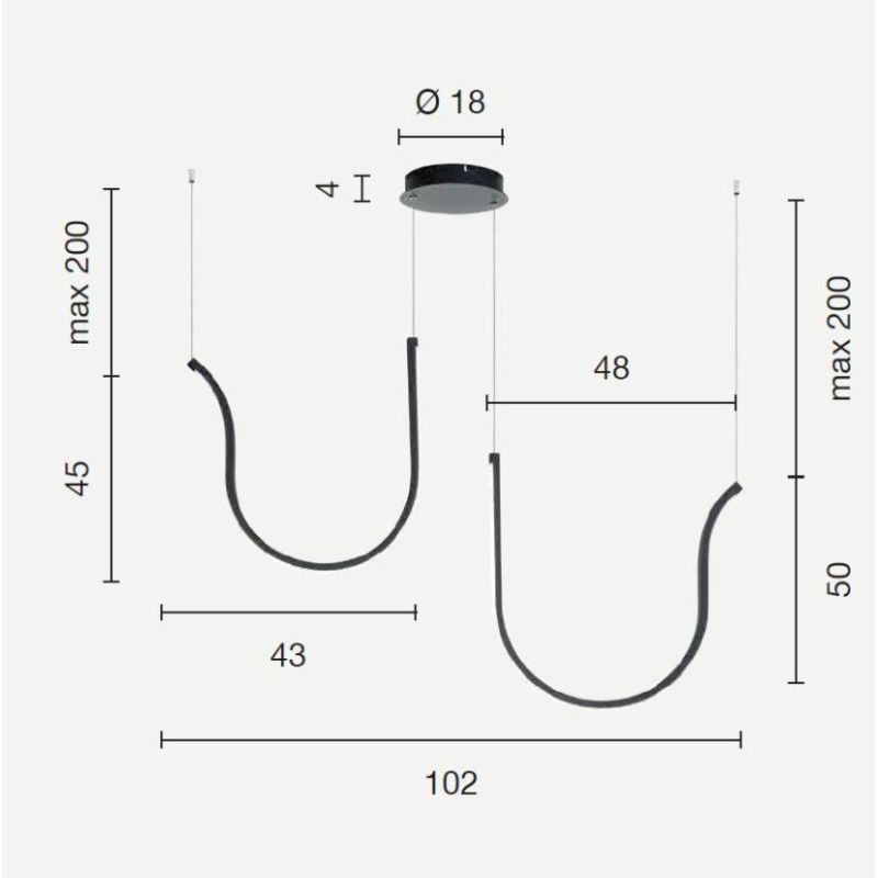 ARQUA SOSPENSIONE DOPPIA CURVA IN METALLO ORO O NERO LED 66W LUCE 3000K DIMMERABILE MODERNA ONDALUCE CICIRIELLO - Cristalensi Sh