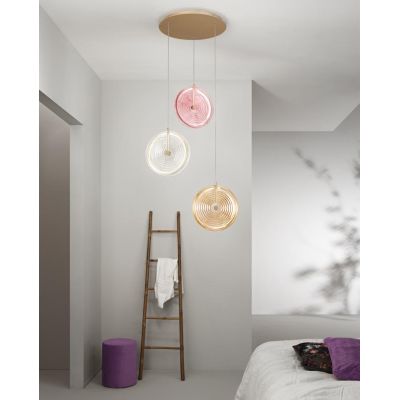 JOKEY SOSPENSIONE IN METALLO ORO CON 3 DISCHI IN VETRO A RIGHE COLORATO DESIGN MODERNO ONDALUCE CICIRIELLO - Cristalensi Shop On