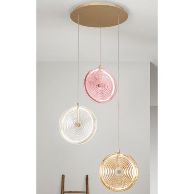 JOKEY SOSPENSIONE IN METALLO ORO CON 3 DISCHI IN VETRO A RIGHE COLORATO DESIGN MODERNO ONDALUCE CICIRIELLO - Cristalensi Shop On