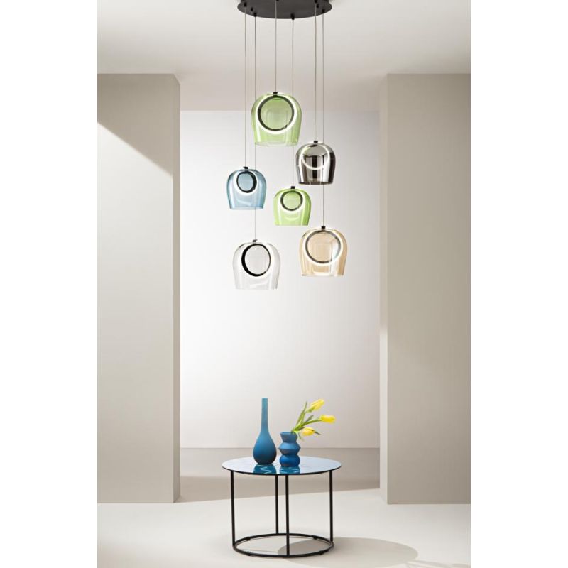 PINTA SOSPENSIONE 6 LUCI IN METALLO NERO CON DIFFUSORI IN VETRO COLORATO LED 49W LUCE 3000K MODERNA ONDALUCE CICIRIELLO - Crista