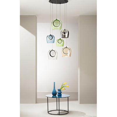 PINTA SOSPENSIONE 6 LUCI IN METALLO NERO CON DIFFUSORI IN VETRO COLORATO LED 49W LUCE 3000K MODERNA ONDALUCE CICIRIELLO - Crista