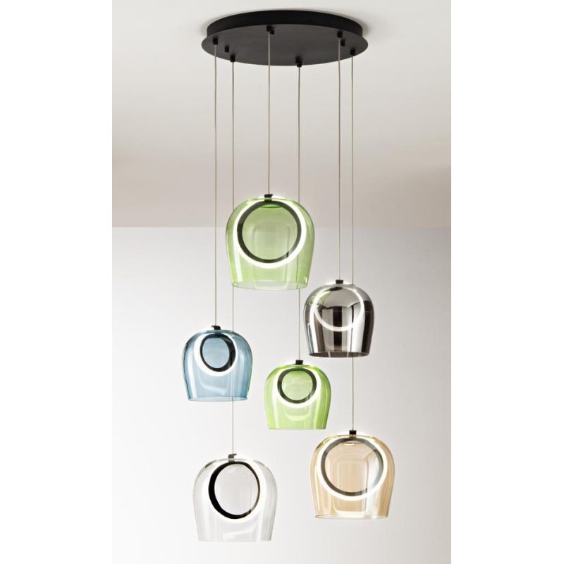 PINTA SOSPENSIONE 6 LUCI IN METALLO NERO CON DIFFUSORI IN VETRO COLORATO LED 49W LUCE 3000K MODERNA ONDALUCE CICIRIELLO - Crista