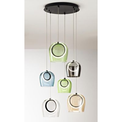 PINTA SOSPENSIONE 6 LUCI IN METALLO NERO CON DIFFUSORI IN VETRO COLORATO LED 49W LUCE 3000K MODERNA ONDALUCE CICIRIELLO - Crista