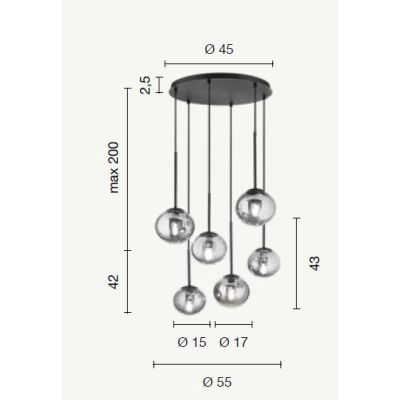 JEWEL SOSPENSIONE 6 LUCI NERA O ORO CON SFERE IN VETRO FUME O BIANCO MODERNA LAMPADINE ATTACCO E14 ONDALUCE CICIRIELLO - Cristal