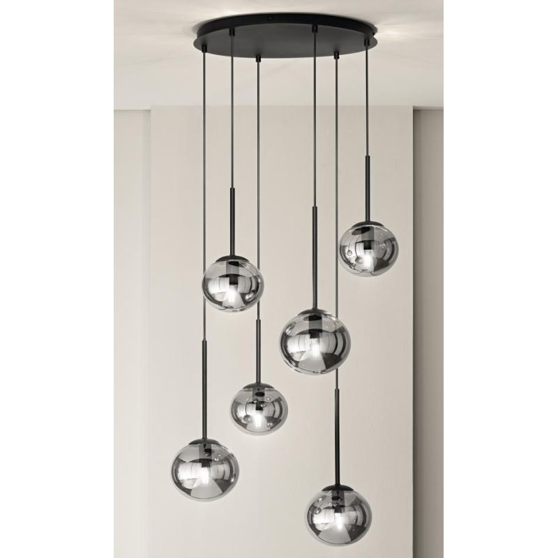 JEWEL SOSPENSIONE 6 LUCI NERA O ORO CON SFERE IN VETRO FUME O BIANCO MODERNA LAMPADINE ATTACCO E14 ONDALUCE CICIRIELLO - Cristal