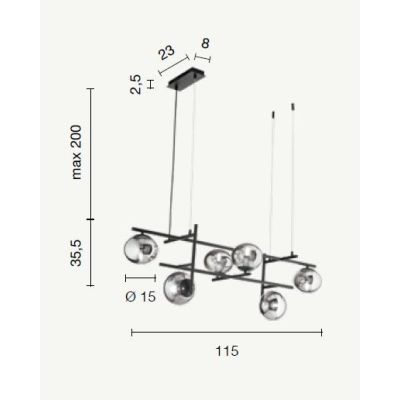 JEWEL SOSPENSIONE MODERNA 6 LUCI NERA O ORO CON SFERE IN VETRO FUME O BIANCO LAMPADINE ATTACCO E14 ONDALUCE CICIRIELLO - Cristal