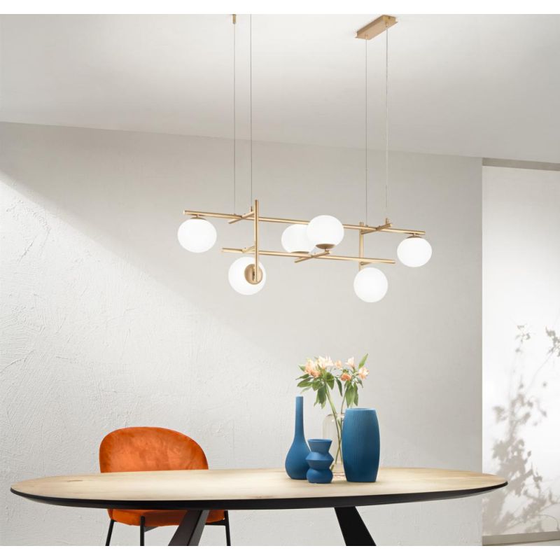 JEWEL SOSPENSIONE MODERNA 6 LUCI NERA O ORO CON SFERE IN VETRO FUME O BIANCO LAMPADINE ATTACCO E14 ONDALUCE CICIRIELLO - Cristal