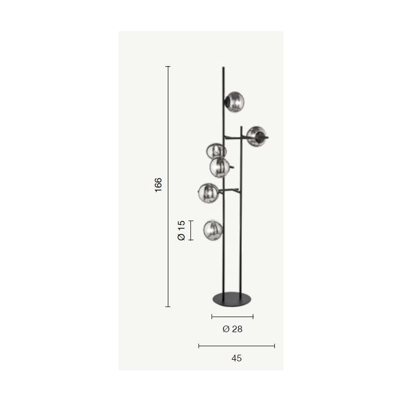 JEWEL PIANTANA MODERNA A 6 LUCI NERA O ORO CON SFERE IN VETRO FUME O BIANCO LAMPADINE ATTACCO E14 ONDALUCE CICIRIELLO - Cristale