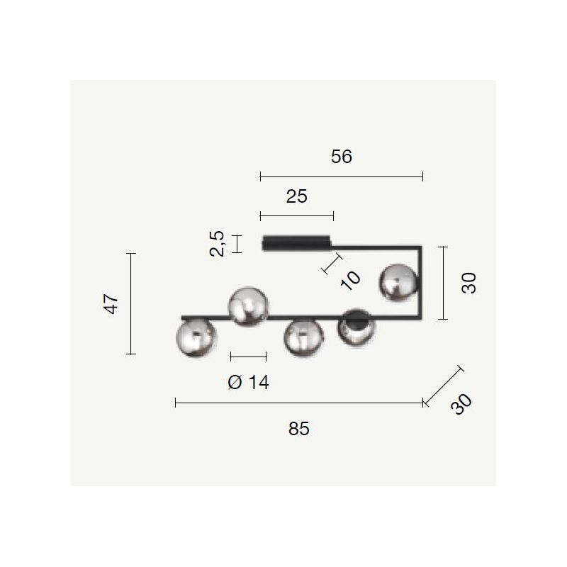 MONILE PLAFONIERA RETTANGOLARE NERA O ORO CON 5 SFERE IN VETRO SOFFIATO FUME O BIANCHE ONDALUCE CICIRIELLO - Cristalensi Shop On