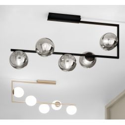 MONILE PLAFONIERA RETTANGOLARE NERA O ORO CON 5 SFERE IN VETRO SOFFIATO FUME O BIANCHE ONDALUCE CICIRIELLO - Cristalensi Shop On