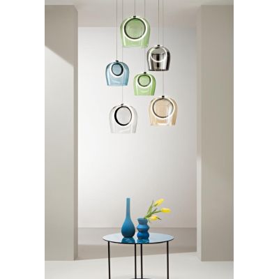 PINTA SOSPENSIONE 6 LUCI IN METALLO NERO CON DIFFUSORI IN VETRO COLORATO LED 49W LUCE 3000K MODERNA ONDALUCE CICIRIELLO - Crista