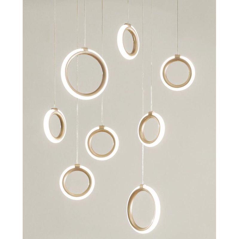 PINTA SOSPENSIONE 8 LUCI IN METALLO NERO O ORO CON DIFFUSORI A CERCHIO LED 68W LUCE 3000K MODERNA ONDALUCE CICIRIELLO - Cristale