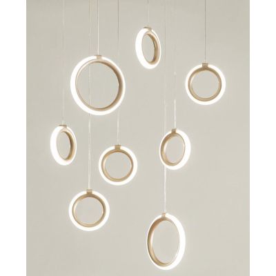 PINTA SOSPENSIONE 8 LUCI IN METALLO NERO O ORO CON DIFFUSORI A CERCHIO LED 68W LUCE 3000K MODERNA ONDALUCE CICIRIELLO - Cristale