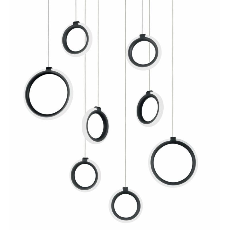 PINTA SOSPENSIONE 8 LUCI IN METALLO NERO O ORO CON DIFFUSORI A CERCHIO LED 68W LUCE 3000K MODERNA ONDALUCE CICIRIELLO - Cristale