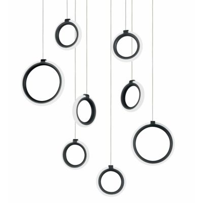 PINTA SOSPENSIONE 8 LUCI IN METALLO NERO O ORO CON DIFFUSORI A CERCHIO LED 68W LUCE 3000K MODERNA ONDALUCE CICIRIELLO - Cristale