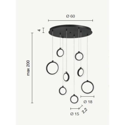PINTA SOSPENSIONE 8 LUCI IN METALLO NERO O ORO CON DIFFUSORI A CERCHIO LED 68W LUCE 3000K MODERNA ONDALUCE CICIRIELLO - Cristale