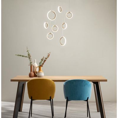 PINTA SOSPENSIONE 8 LUCI IN METALLO NERO O ORO CON DIFFUSORI A CERCHIO LED 68W LUCE 3000K MODERNA ONDALUCE CICIRIELLO - Cristale