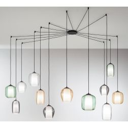 BONNIE SOSPENSIONE DECENTRATA CON 12 LUCI IN VETRO SOFFIATO FUME, AMBRA, VERDE E TRASPARENTE ONDALUCE CICIRIELLO - Cristalensi S