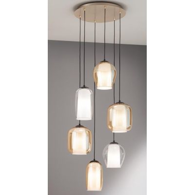 BONNIE SOSPENSIONE MODERNA ROTONDA 6 LUCI IN VETRO SOFFIATO AMBRA E TRASPARENTE D45 CM ONDALUCE CICIRIELLO - Cristalensi Shop On
