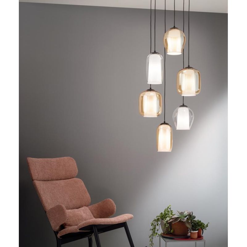 BONNIE SOSPENSIONE MODERNA ROTONDA 6 LUCI IN VETRO SOFFIATO AMBRA E TRASPARENTE D45 CM ONDALUCE CICIRIELLO - Cristalensi Shop On