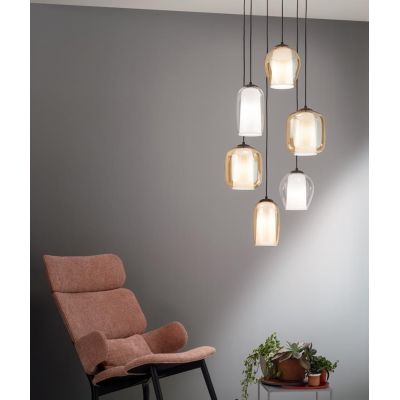 BONNIE SOSPENSIONE MODERNA ROTONDA 6 LUCI IN VETRO SOFFIATO AMBRA E TRASPARENTE D45 CM ONDALUCE CICIRIELLO - Cristalensi Shop On