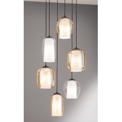 BONNIE SOSPENSIONE MODERNA ROTONDA 6 LUCI IN VETRO SOFFIATO AMBRA E TRASPARENTE D45 CM ONDALUCE CICIRIELLO - Cristalensi Shop On