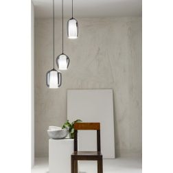 BONNIE SOSPENSIONE MODERNA ROTONDA 3 LUCI IN VETRO SOFFIATO AMBRA E TRASPARENTE D45 CM ONDALUCE CICIRIELLO - Cristalensi Shop On 2