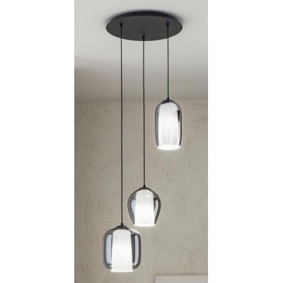 BONNIE SOSPENSIONE MODERNA ROTONDA 3 LUCI IN VETRO SOFFIATO AMBRA E TRASPARENTE D45 CM ONDALUCE CICIRIELLO - Cristalensi Shop On