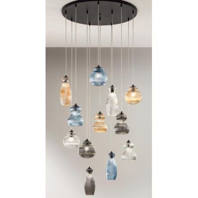 MADAGASCAR SOSPENSIONE VINTAGE CON BASE NERA E CON 12 LUCI IN VETRO SOFFIATO RIGATO MULTICOLORE ONDALUCE CICIRIELLO - Cristalens
