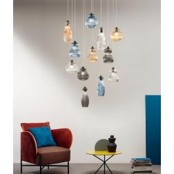 MADAGASCAR SOSPENSIONE VINTAGE CON BASE NERA E CON 12 LUCI IN VETRO SOFFIATO RIGATO MULTICOLORE ONDALUCE CICIRIELLO - Cristalens