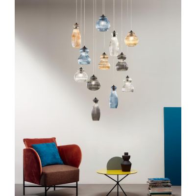 MADAGASCAR SOSPENSIONE VINTAGE CON BASE NERA E CON 12 LUCI IN VETRO SOFFIATO RIGATO MULTICOLORE ONDALUCE CICIRIELLO - Cristalens
