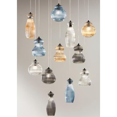 MADAGASCAR SOSPENSIONE VINTAGE CON BASE NERA E CON 12 LUCI IN VETRO SOFFIATO RIGATO MULTICOLORE ONDALUCE CICIRIELLO - Cristalens