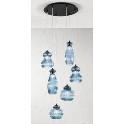 MADAGASCAR SOSPENSIONE VINTAGE CON BASE NERA E CON 6 LUCI IN VETRO SOFFIATO RIGATO COL OTTANIO ONDALUCE CICIRIELLO - Cristalensi 2