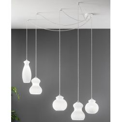 MADAGASCAR SOSPENSIONE VINTAGE DECENTRATA CON 5 LUCI IN VETRO SOFFIATO BIANCO OPALE RIGATO ONDALUCE CICIRIELLO - Cristalensi Sho 2